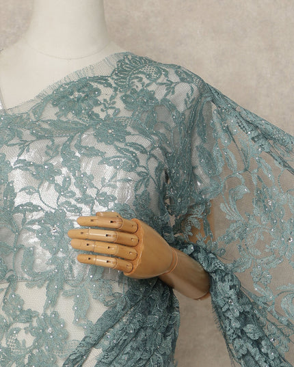 Light Blue Premium French Chantilly Saree Lace With Stone Work 110 Cms Width 5.5 Meters Piece Elegant Floral Net Lace From France For Designer Sarees And Couture Draping-D27694