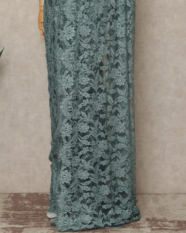 Light Blue Premium French Chantilly Saree Lace With Stone Work 110 Cms Width 5.5 Meters Piece Elegant Floral Net Lace From France For Designer Sarees And Couture Draping-D27694