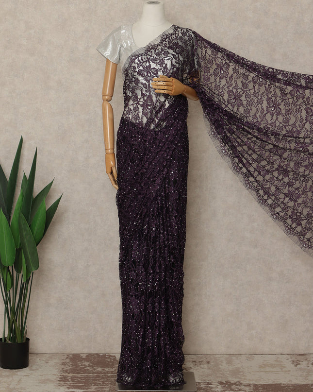 Aubergine Purple Premium French Chantilly Saree Lace With Stone Work 110 Cms Width 5.5 Meters Piece Elegant Floral Net Lace From France-D27697