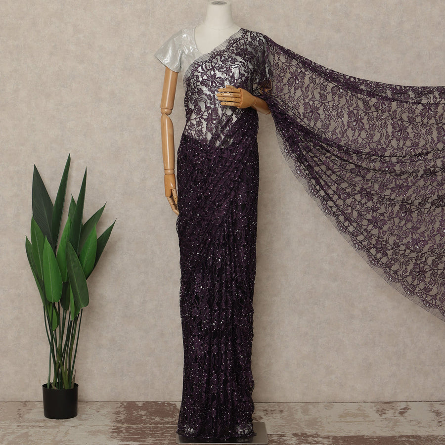 Aubergine Purple Premium French Chantilly Saree Lace With Stone Work 110 Cms Width 5.5 Meters Piece Elegant Floral Net Lace From France-D27697