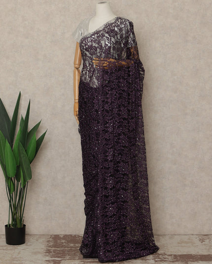 Aubergine Purple Premium French Chantilly Saree Lace With Stone Work 110 Cms Width 5.5 Meters Piece Elegant Floral Net Lace From France-D27697