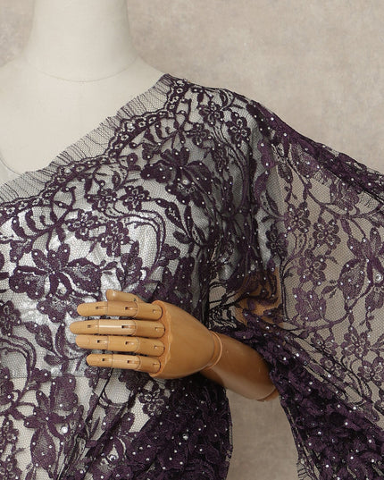 Aubergine Purple Premium French Chantilly Saree Lace With Stone Work 110 Cms Width 5.5 Meters Piece Elegant Floral Net Lace From France-D27697