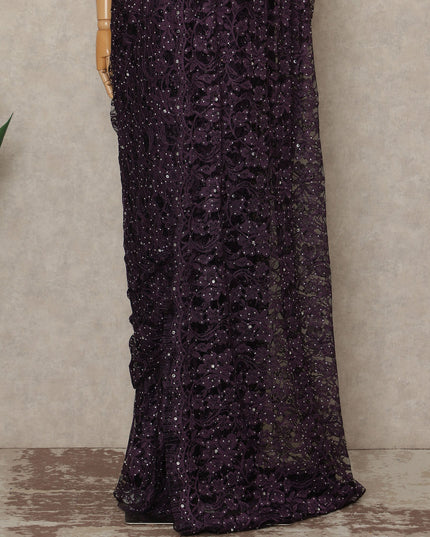 Aubergine Purple Premium French Chantilly Saree Lace With Stone Work 110 Cms Width 5.5 Meters Piece Elegant Floral Net Lace From France-D27697