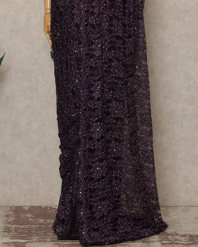 Aubergine Purple Premium French Chantilly Saree Lace With Stone Work 110 Cms Width 5.5 Meters Piece Elegant Floral Net Lace From France-D27697