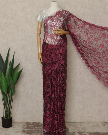 Wine Red Premium French Chantilly Saree Lace With Stone Work 110 Cms Width 5.5 Meters Piece Elegant Floral Net Lace From France For Designer Sarees And Luxury Draping-D27692