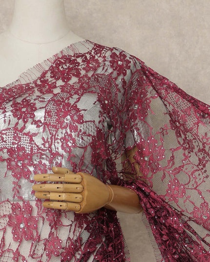 Wine Red Premium French Chantilly Saree Lace With Stone Work 110 Cms Width 5.5 Meters Piece Elegant Floral Net Lace From France For Designer Sarees And Luxury Draping-D27692
