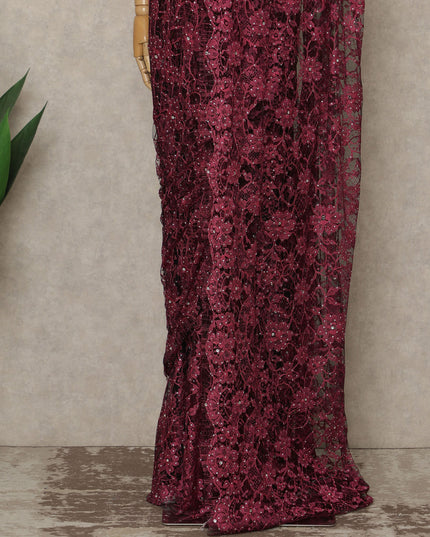 Wine Red Premium French Chantilly Saree Lace With Stone Work 110 Cms Width 5.5 Meters Piece Elegant Floral Net Lace From France For Designer Sarees And Luxury Draping-D27692