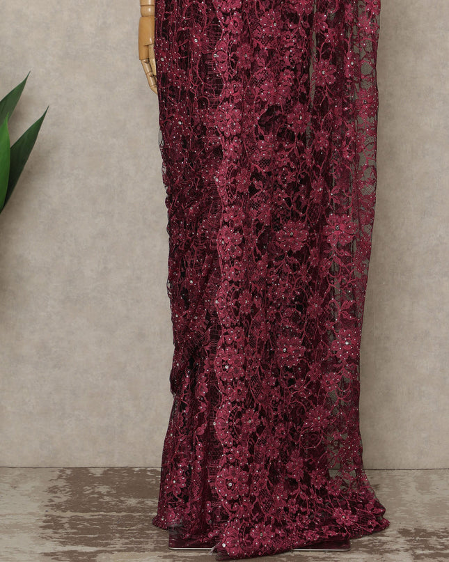 Wine Red Premium French Chantilly Saree Lace With Stone Work 110 Cms Width 5.5 Meters Piece Elegant Floral Net Lace From France For Designer Sarees And Luxury Draping-D27692