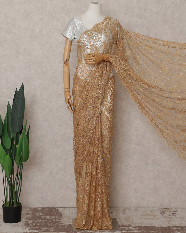 Antique Gold Stone Embellished Chantilly Lace Saree