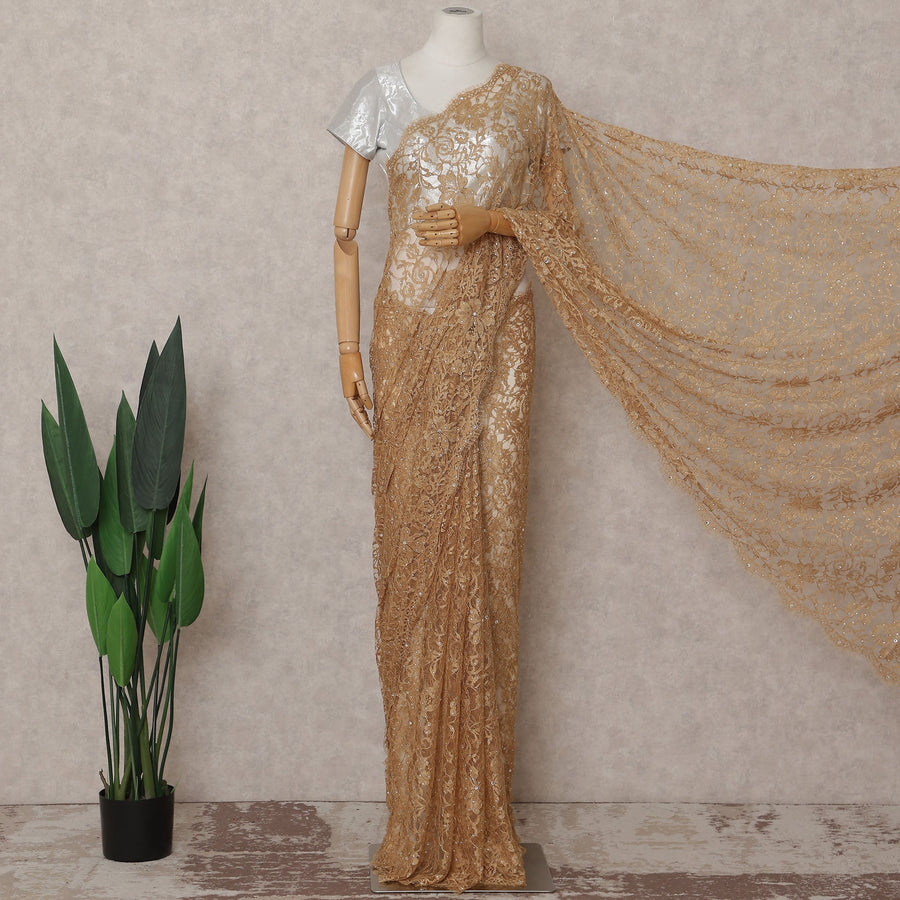 Antique Gold Stone Embellished Chantilly Lace Saree