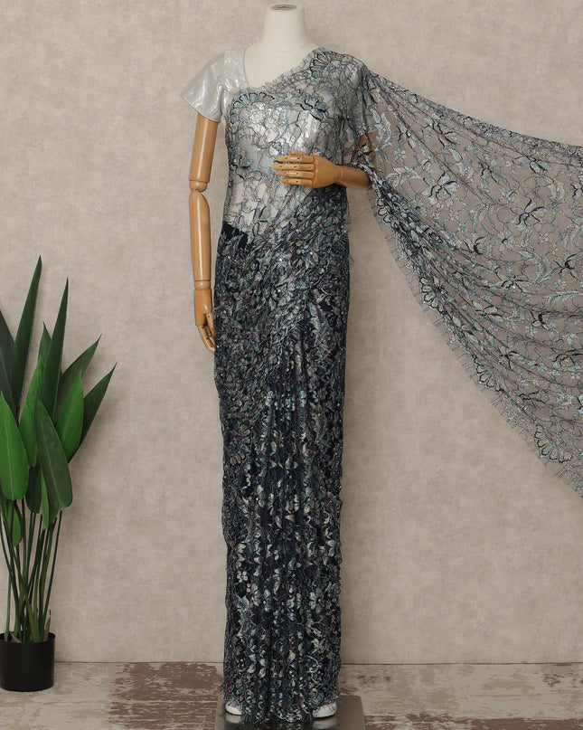 Blue Multitone Premium French Chantilly Saree Lace With Stone Work 110 Cms Width 5.5 Meters Piece From France-D27703