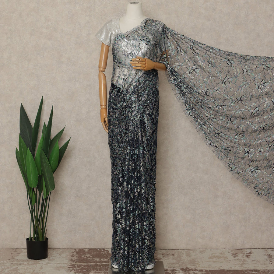 Blue Multitone Premium French Chantilly Saree Lace With Stone Work 110 Cms Width 5.5 Meters Piece From France-D27703