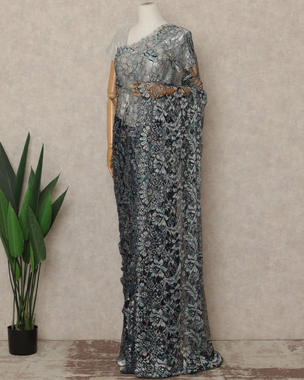 Blue Multitone Premium French Chantilly Saree Lace With Stone Work 110 Cms Width 5.5 Meters Piece From France-D27703