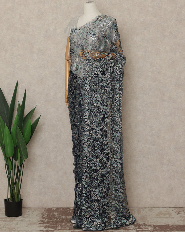 Blue Multitone Premium French Chantilly Saree Lace With Stone Work 110 Cms Width 5.5 Meters Piece From France-D27703