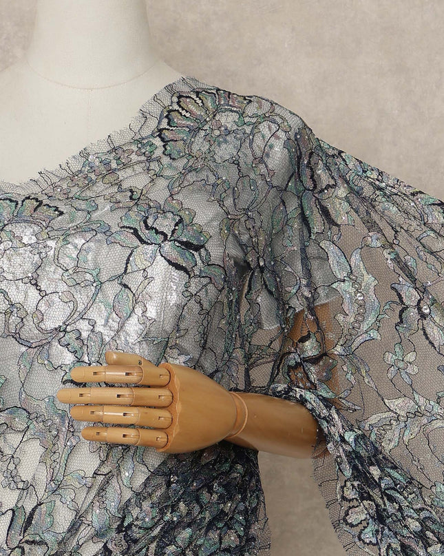 Blue Multitone Premium French Chantilly Saree Lace With Stone Work 110 Cms Width 5.5 Meters Piece From France-D27703