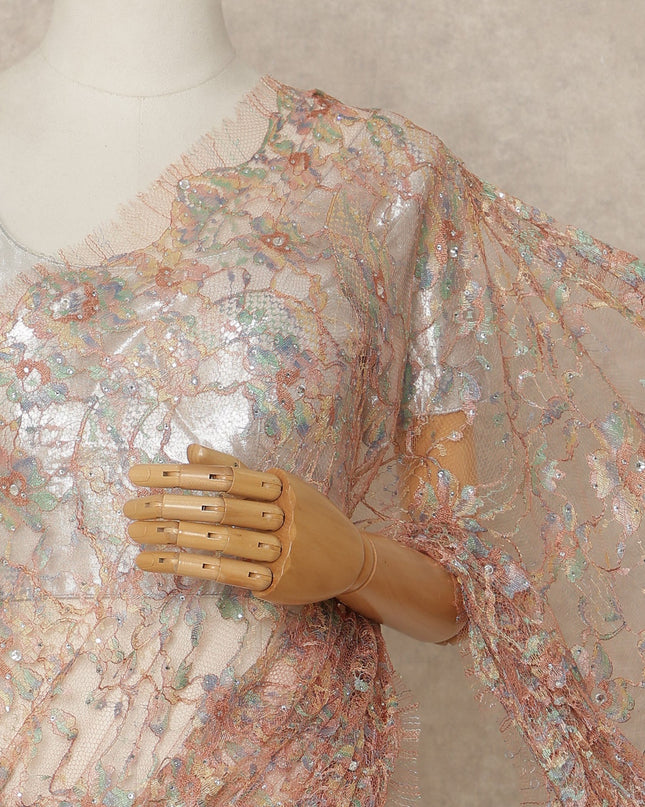 Coral Multicolor Premium French Chantilly Saree Lace With Stone Work 5.5 Meters x 110 Cms Width Elegant Embroidered Net Fabric From France Unstitched Blouse Not Included-D28147