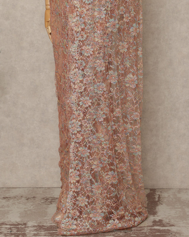 Coral Multicolor Premium French Chantilly Saree Lace With Stone Work 5.5 Meters x 110 Cms Width Elegant Embroidered Net Fabric From France Unstitched Blouse Not Included-D28147