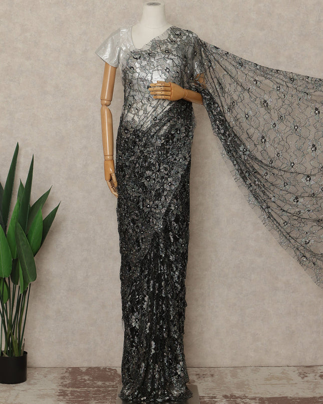 Black Silver Premium French Chantilly Saree Lace With Stone Work 110 Cms Width 5.5 Meters Piece From France-D27701