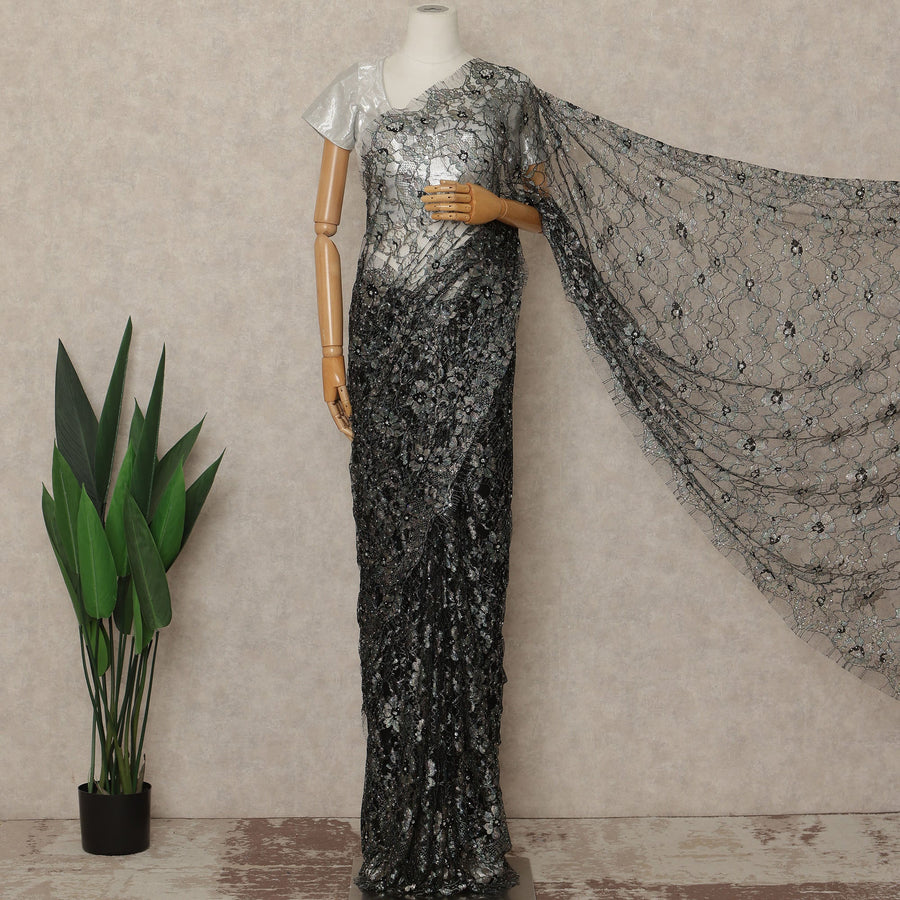 Black Silver Premium French Chantilly Saree Lace With Stone Work 110 Cms Width 5.5 Meters Piece From France-D27701