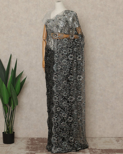 Black Silver Premium French Chantilly Saree Lace With Stone Work 110 Cms Width 5.5 Meters Piece From France-D27701