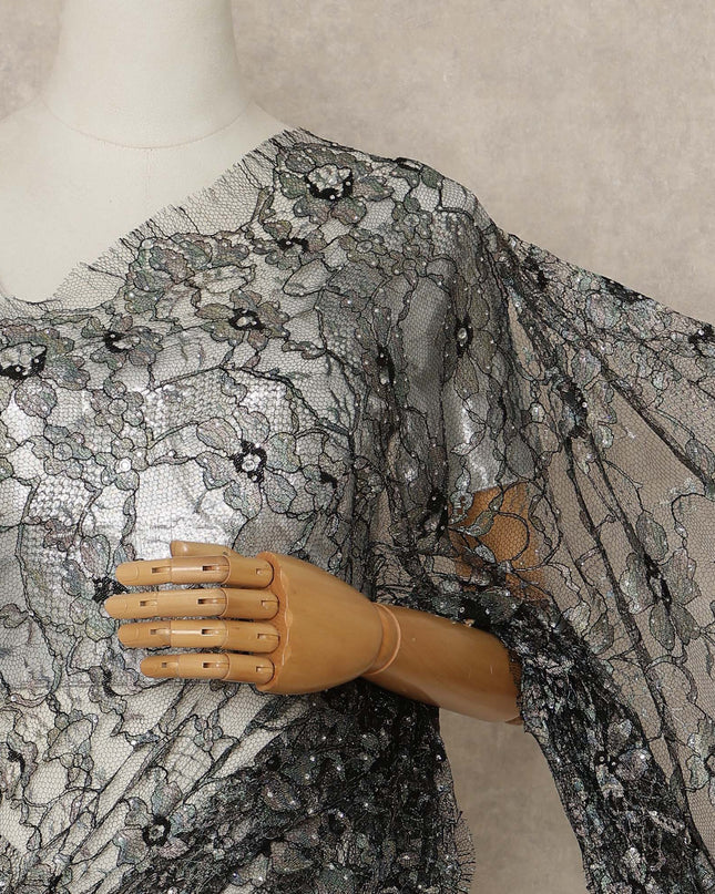 Black Silver Premium French Chantilly Saree Lace With Stone Work 110 Cms Width 5.5 Meters Piece From France-D27701