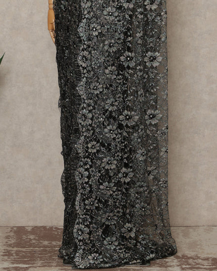 Black Silver Premium French Chantilly Saree Lace With Stone Work 110 Cms Width 5.5 Meters Piece From France-D27701