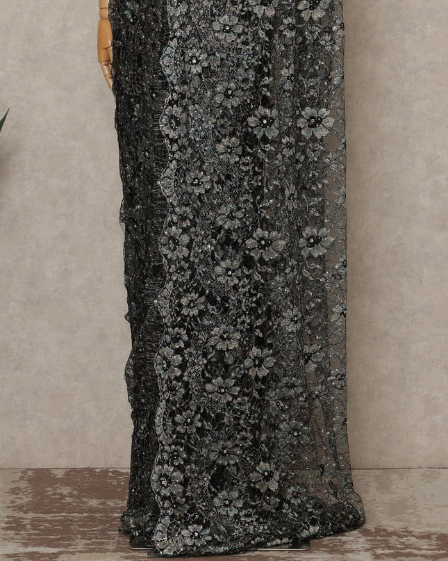 Black Silver Premium French Chantilly Saree Lace With Stone Work 110 Cms Width 5.5 Meters Piece From France-D27701