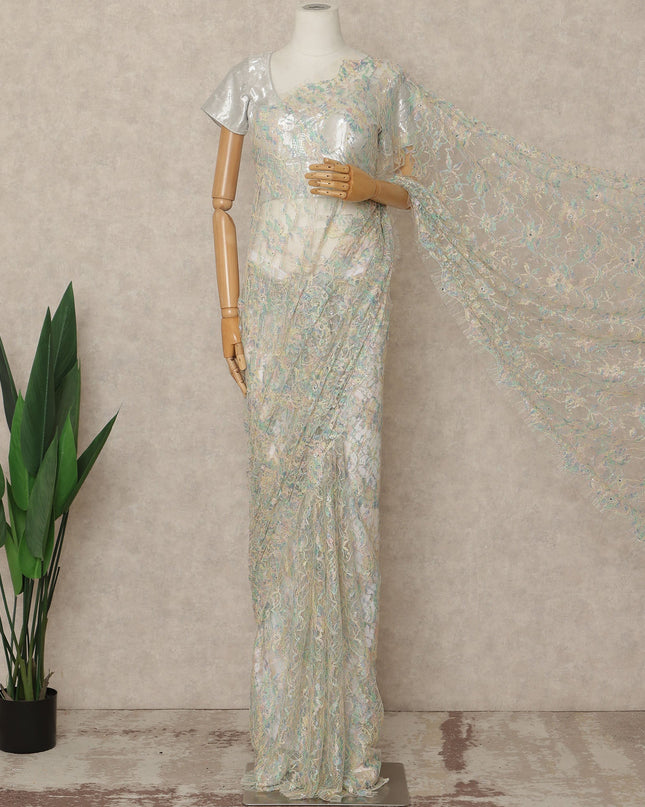 Pastel Multicolor Premium French Chantilly Saree Lace With Stone Work 5.5 Meters x 110 Cms Width Elegant Embroidered Net Fabric From France Unstitched Blouse Not Included-D28146