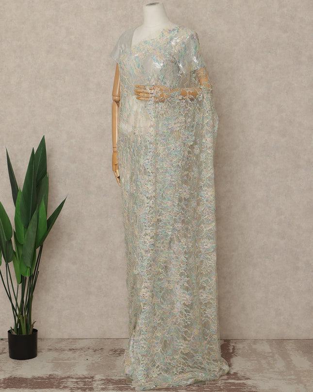 Pastel Multicolor Premium French Chantilly Saree Lace With Stone Work 5.5 Meters x 110 Cms Width Elegant Embroidered Net Fabric From France Unstitched Blouse Not Included-D28146