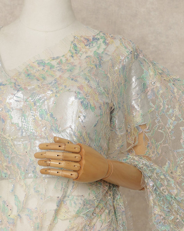 Pastel Multicolor Premium French Chantilly Saree Lace With Stone Work 5.5 Meters x 110 Cms Width Elegant Embroidered Net Fabric From France Unstitched Blouse Not Included-D28146