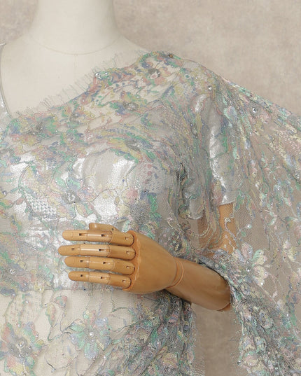 Pastel Multicolor Premium French Chantilly Saree Lace With Stone Work 110 Cms Width 5.5 Meters Piece From France-D27702