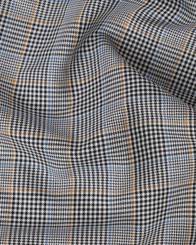 Black, White & Blue Glen Check Pattern 100% Cotton Shirting Fabric, Classic Multi-Color Checked Design, 150 cms Width, Origin India-D26621