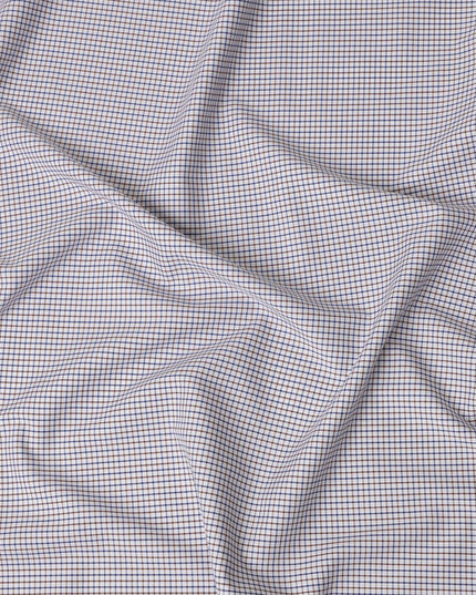 White, Blue & Brown Micro Check 100% Cotton Shirting Fabric, Fine Multi-Color Checked Design, 150 cms Width, Origin India-D26622