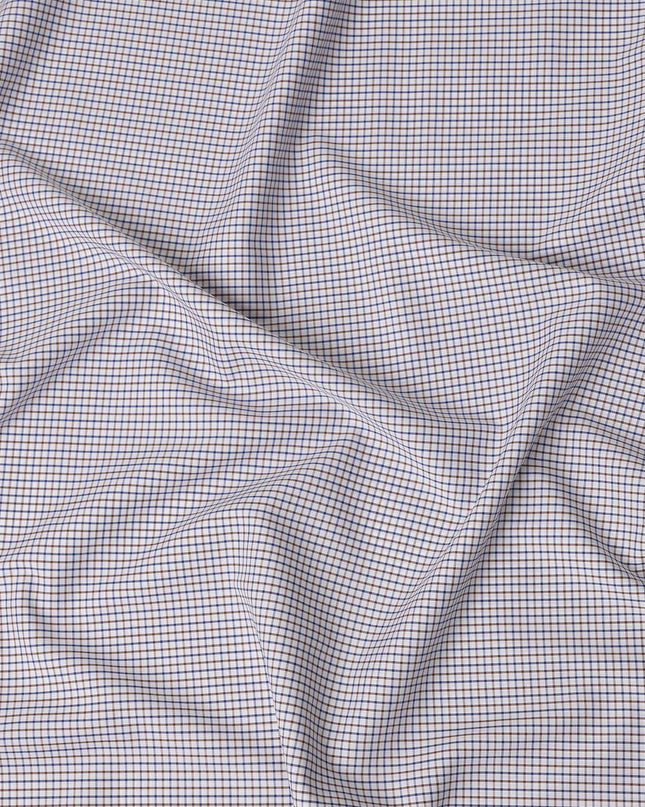 White, Blue & Brown Micro Check 100% Cotton Shirting Fabric, Fine Multi-Color Checked Design, 150 cms Width, Origin India-D26622