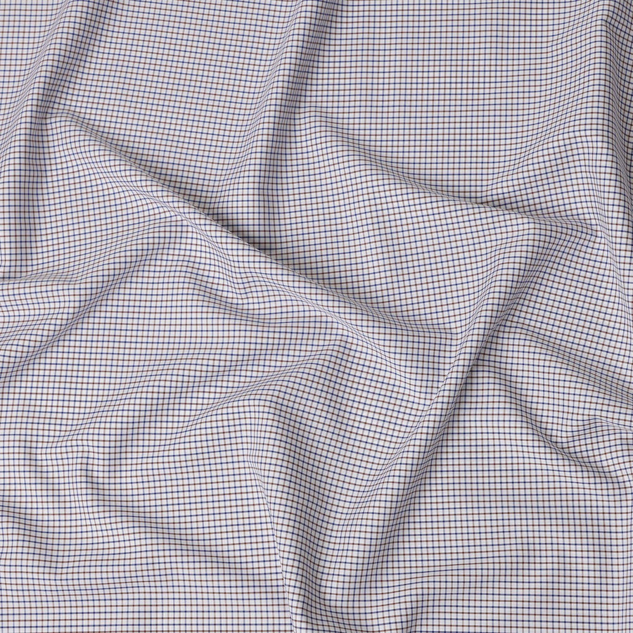 White, Blue & Brown Micro Check 100% Cotton Shirting Fabric, Fine Multi-Color Checked Design, 150 cms Width, Origin India-D26622
