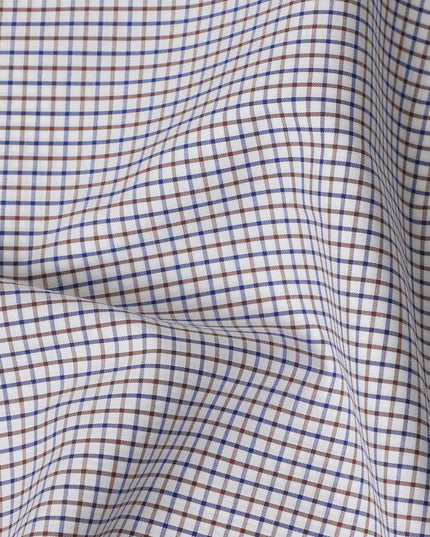 White, Blue & Brown Micro Check 100% Cotton Shirting Fabric, Fine Multi-Color Checked Design, 150 cms Width, Origin India-D26622
