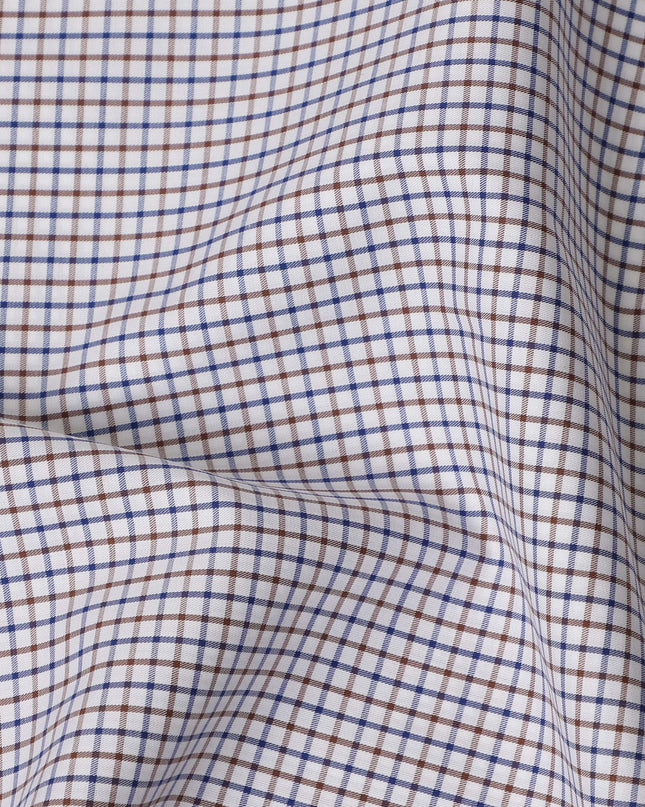 White, Blue & Brown Micro Check 100% Cotton Shirting Fabric, Fine Multi-Color Checked Design, 150 cms Width, Origin India-D26622