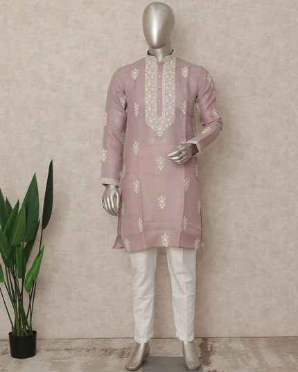 Dusty Pink Linen Embroidered Kurta Pyjama Set