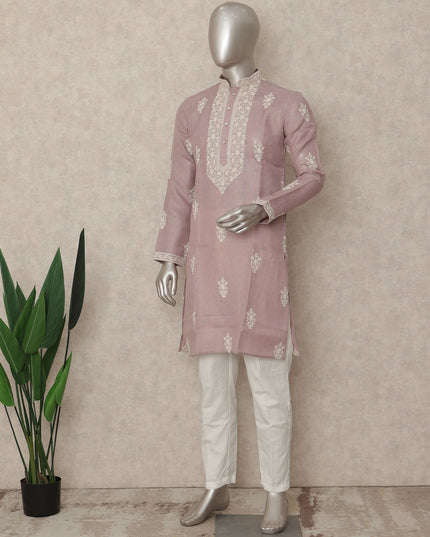 Dusty Pink Linen Embroidered Kurta Pyjama Set