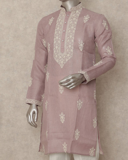Dusty Pink Linen Embroidered Kurta Pyjama Set