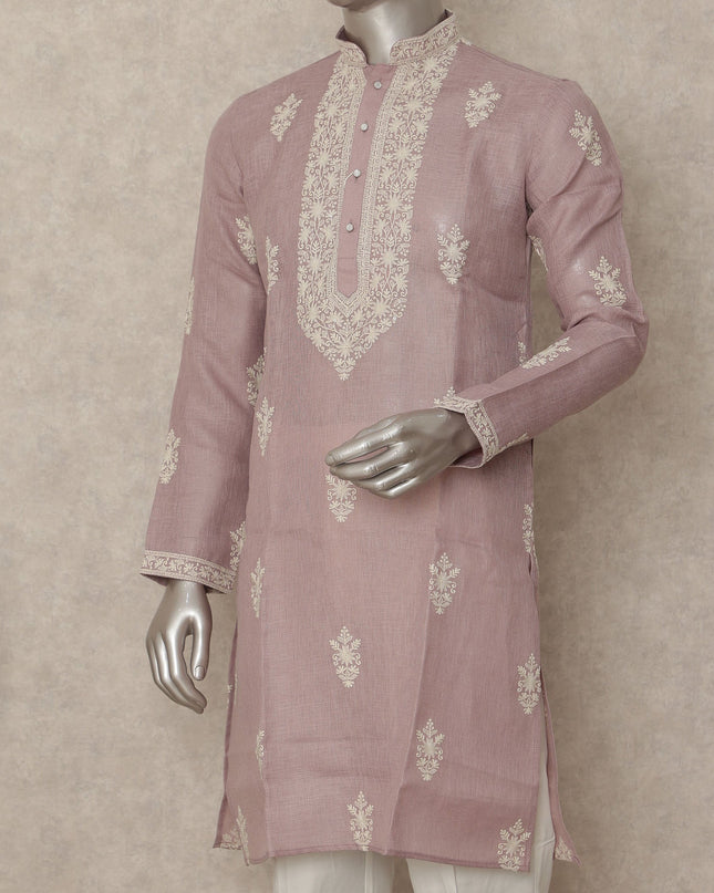 Dusty Pink Linen Embroidered Kurta Pyjama Set