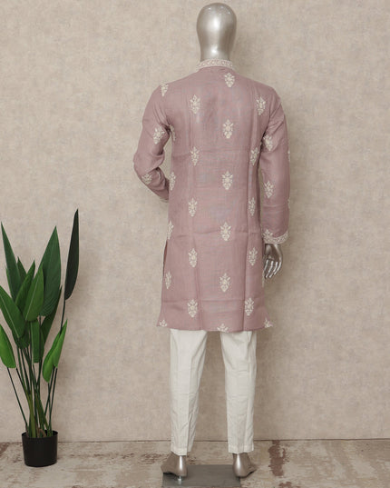 Dusty Pink Linen Embroidered Kurta Pyjama Set