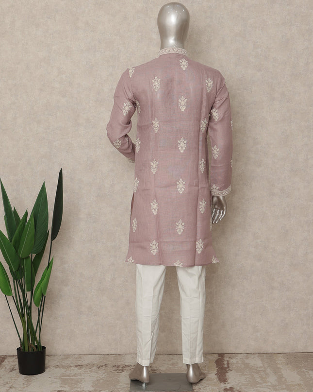 Dusty Pink Linen Embroidered Kurta Pyjama Set