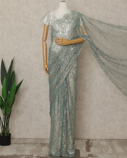 Seafoam Green Premium French 2-Tone Chantilly Lace Saree, 5.5 Mtrs Length, 110 Cms Width, Crafted in France-Blouse Not Included-D26699