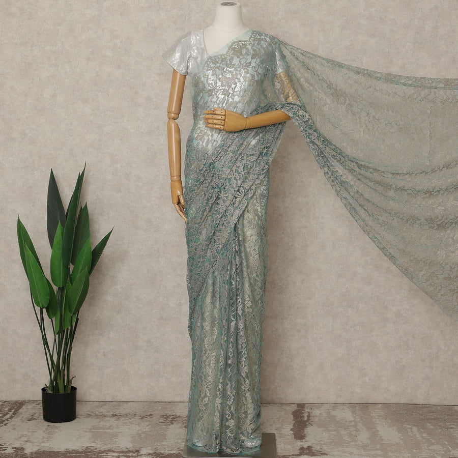 Seafoam Green Premium French 2-Tone Chantilly Lace Saree, 5.5 Mtrs Length, 110 Cms Width, Crafted in France-Blouse Not Included-D26699