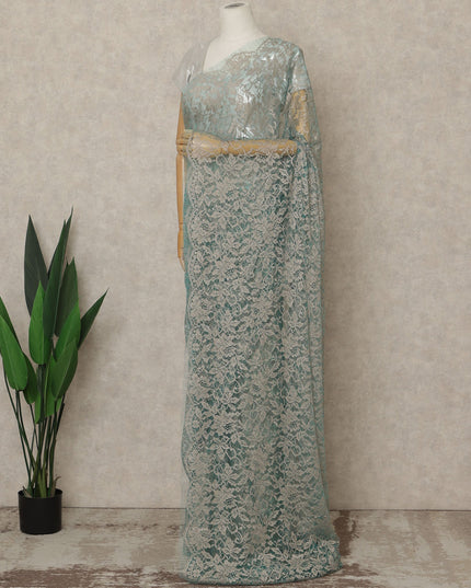 Seafoam Green Premium French 2-Tone Chantilly Lace Saree, 5.5 Mtrs Length, 110 Cms Width, Crafted in France-Blouse Not Included-D26699