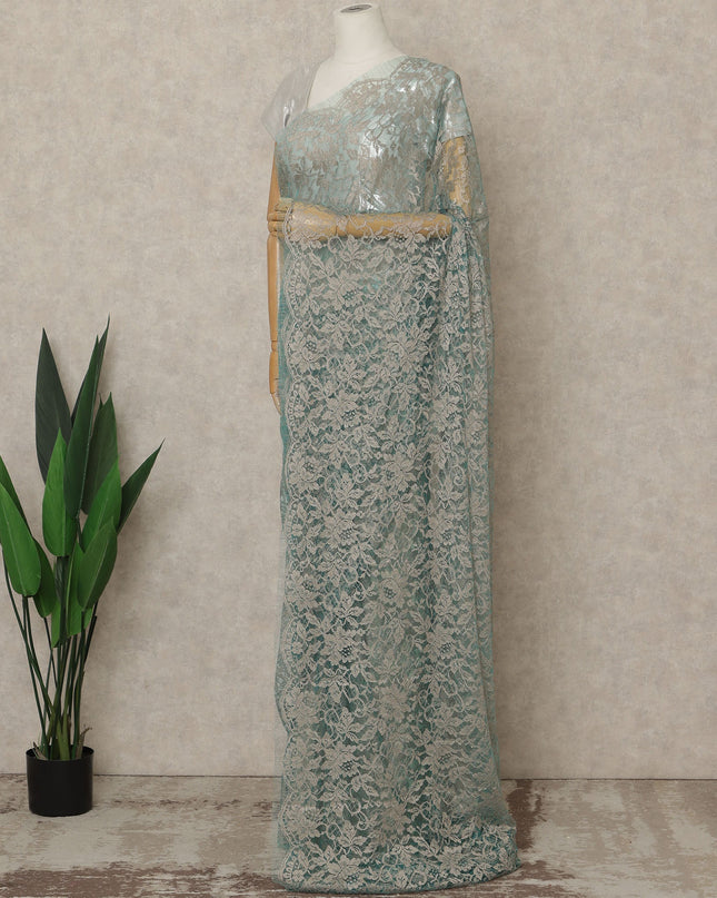 Seafoam Green Premium French 2-Tone Chantilly Lace Saree, 5.5 Mtrs Length, 110 Cms Width, Crafted in France-Blouse Not Included-D26699
