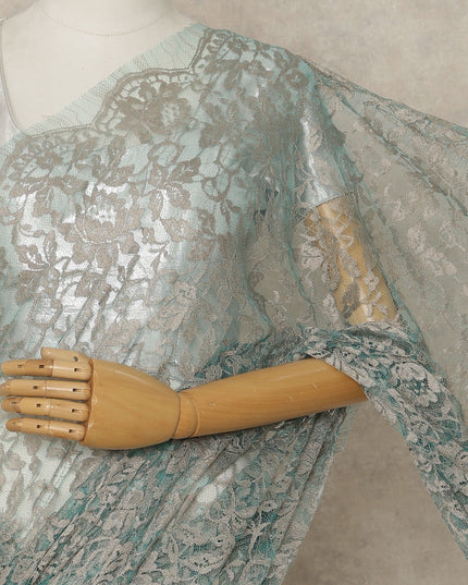 Seafoam Green Premium French 2-Tone Chantilly Lace Saree, 5.5 Mtrs Length, 110 Cms Width, Crafted in France-Blouse Not Included-D26699