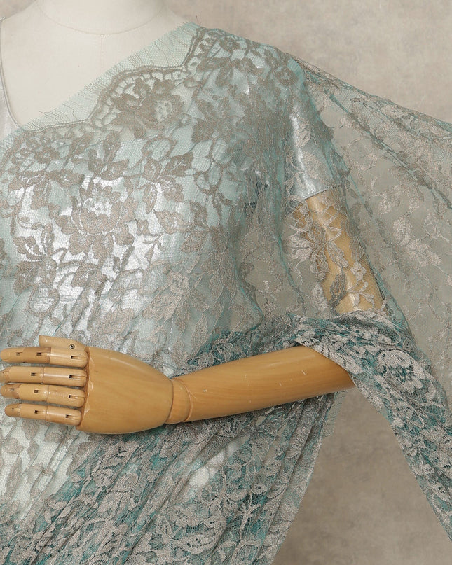 Seafoam Green Premium French 2-Tone Chantilly Lace Saree, 5.5 Mtrs Length, 110 Cms Width, Crafted in France-Blouse Not Included-D26699