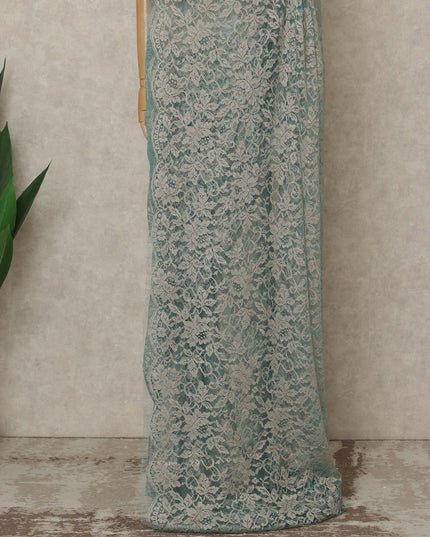 Seafoam Green Premium French 2-Tone Chantilly Lace Saree, 5.5 Mtrs Length, 110 Cms Width, Crafted in France-Blouse Not Included-D26699